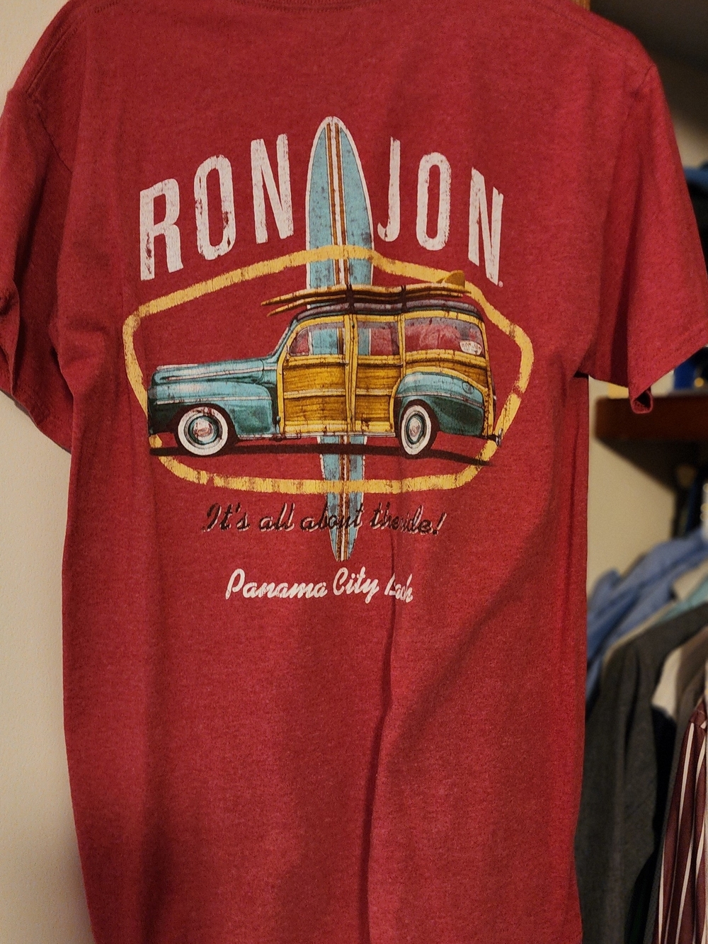 Ron Jon Red Short Sleeve Graphic Tee with Surf Woody Car